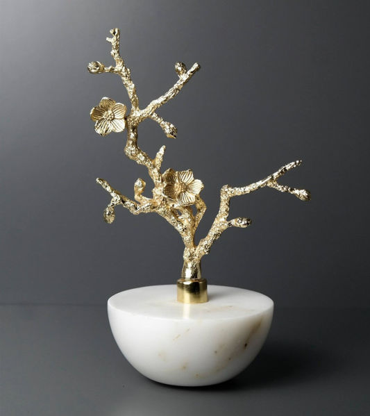 Beyaz Mermer Yarım Küre Gold Metal Çiçek Dekor resmi